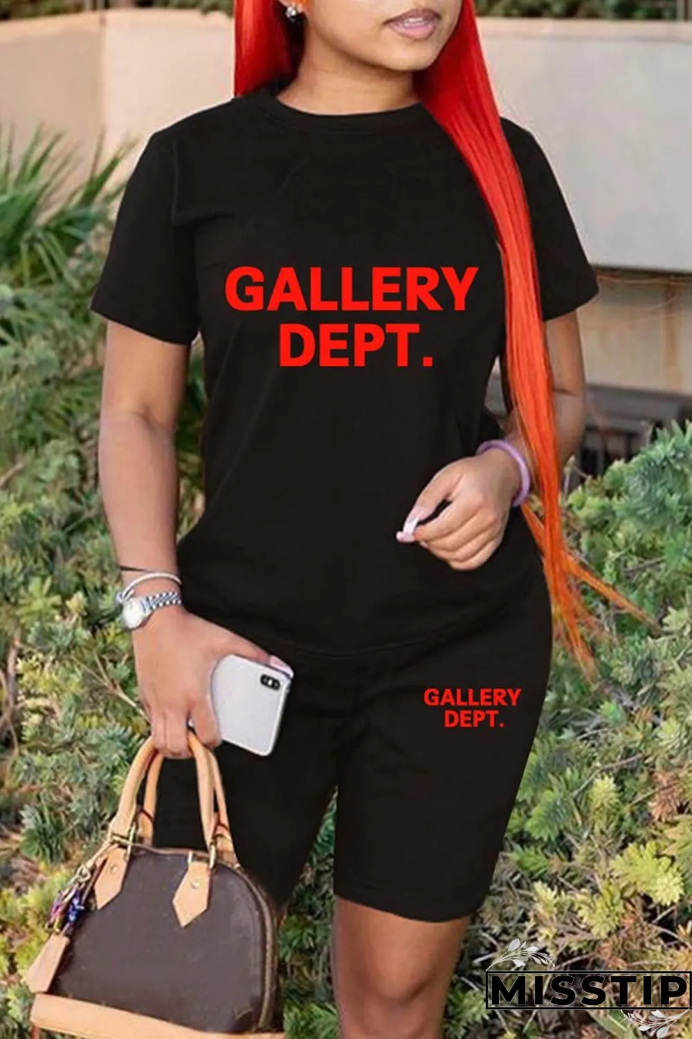 Green Casual Letter Print Basic O Neck Short Sleeve Two Pieces