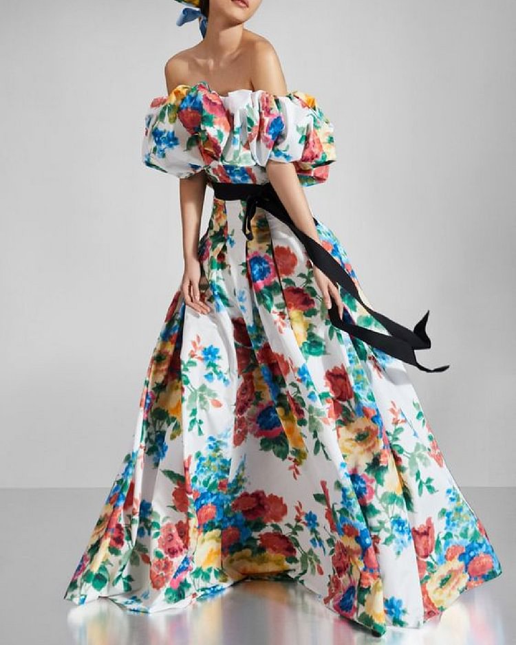 Elegant Floral Print Ruffle Bandeau Dress