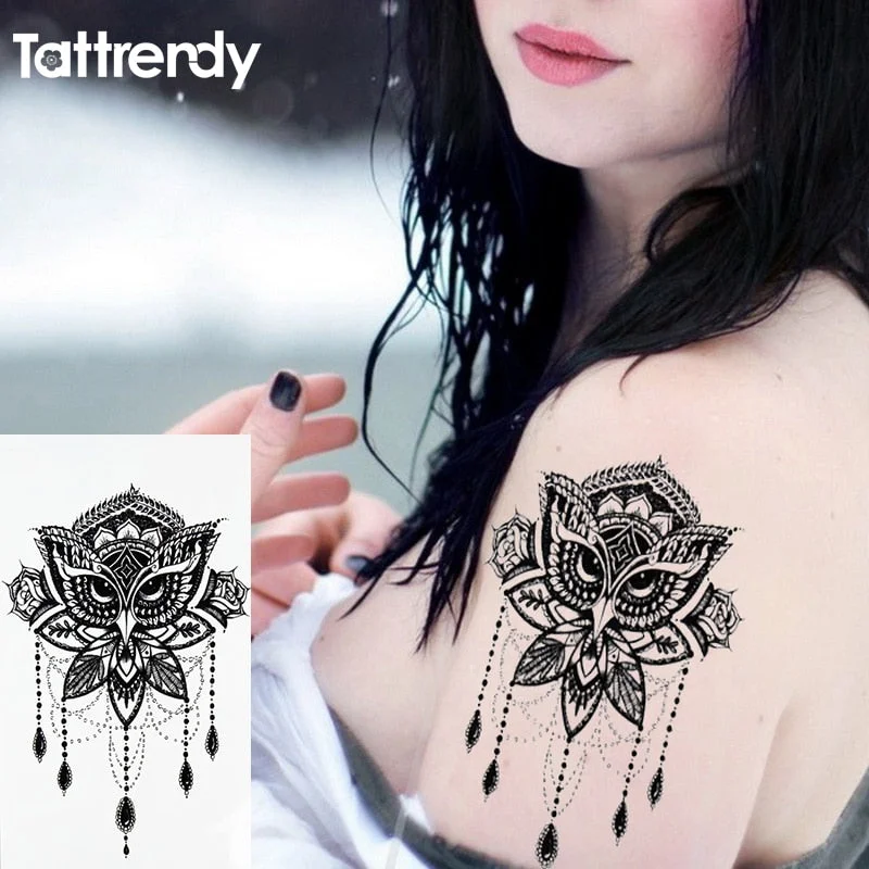 1pcs Watercolor cool henna rose flowers Temporary Body Tattoo Beautiful Shoulder thigh Back Body decor lace owl women body paint