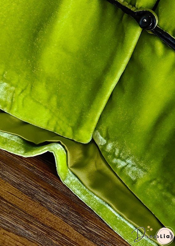Vintage Green Stand Collar Embroidered Button Silk Velour Outwear Spring