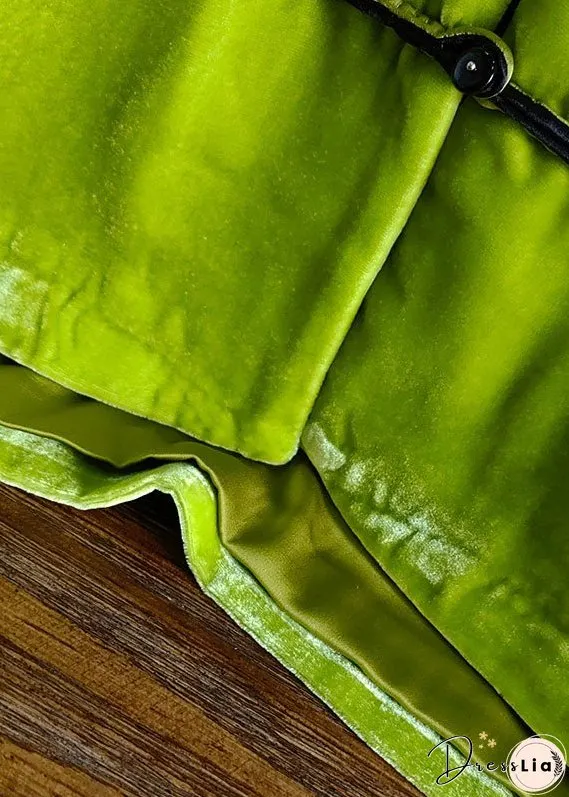 Vintage Green Stand Collar Embroidered Button Silk Velour Outwear Spring
