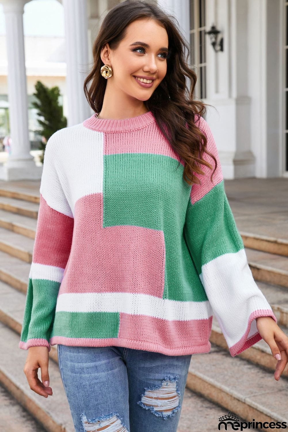 Round Neck Color Block Dropped Shoulder Sweater