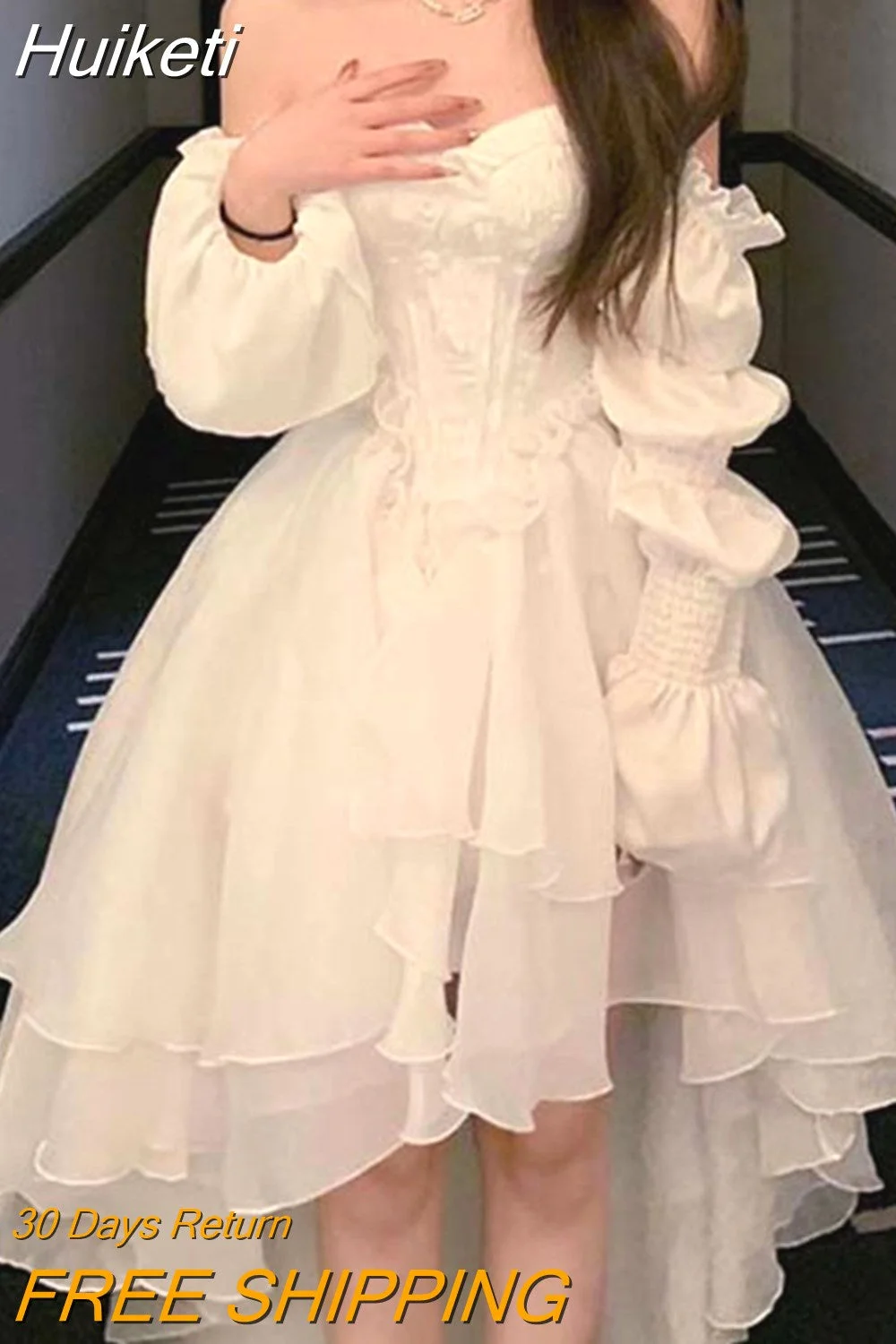 Huiketi Elegant Evening Party Mini Dress Women Bubble Sleeve French Sweet Princess Dress Female Chiffon Backless Korean Vestido