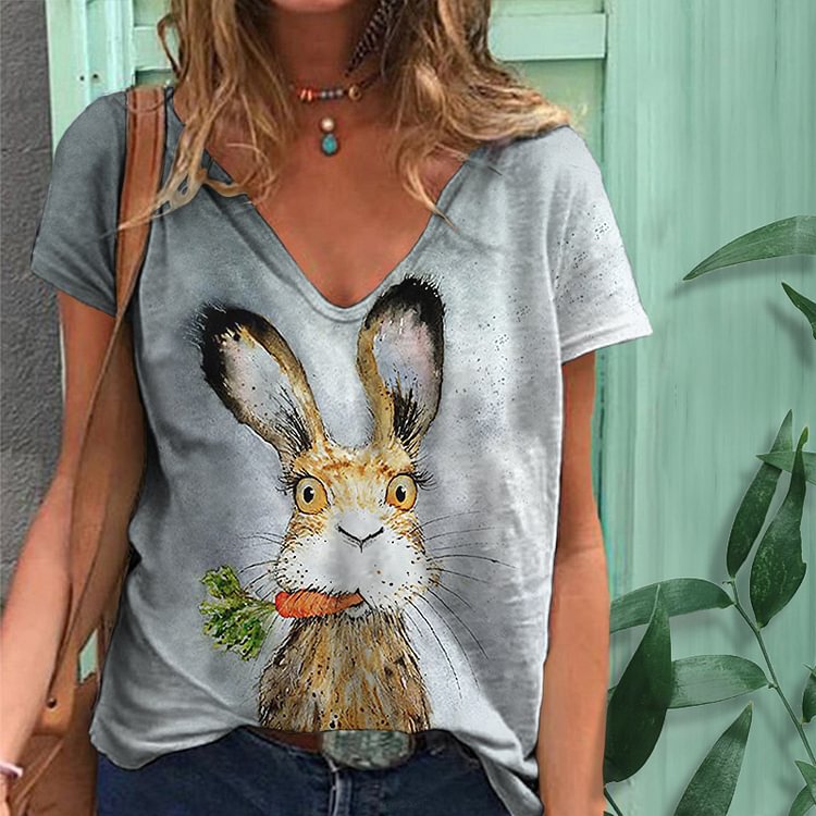 Comstylish Easter Bunny Print V Neck Casual T-Shirt