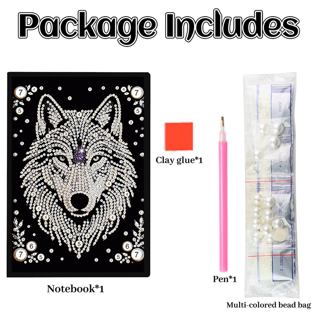 Wolves Partial Pearl DIY 50 Pages A5 Diamond Painting Notebook Special Shaped Diamond Art Diary Book Kits Wireless Strip 5D Crystal Art Paintings Sketchbook for Art Drawing