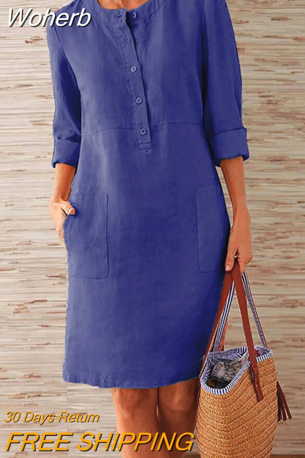 Woherb Dress Spring Solid Color Casual Round Neck Long-sleeved Dress Cheap Casual Women's Dresses Loose Elegant Ladies Clothes 715-1-Outfit Ideas