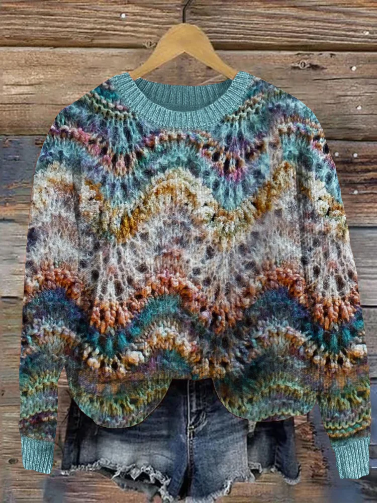 Colorful Seabed Inspired Waves Knit Art Cozy Sweater
