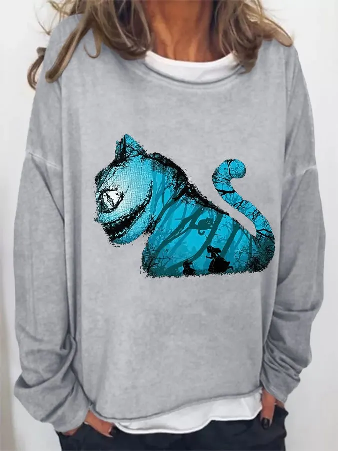 Retro Halloween Cat Print Sweatshirt