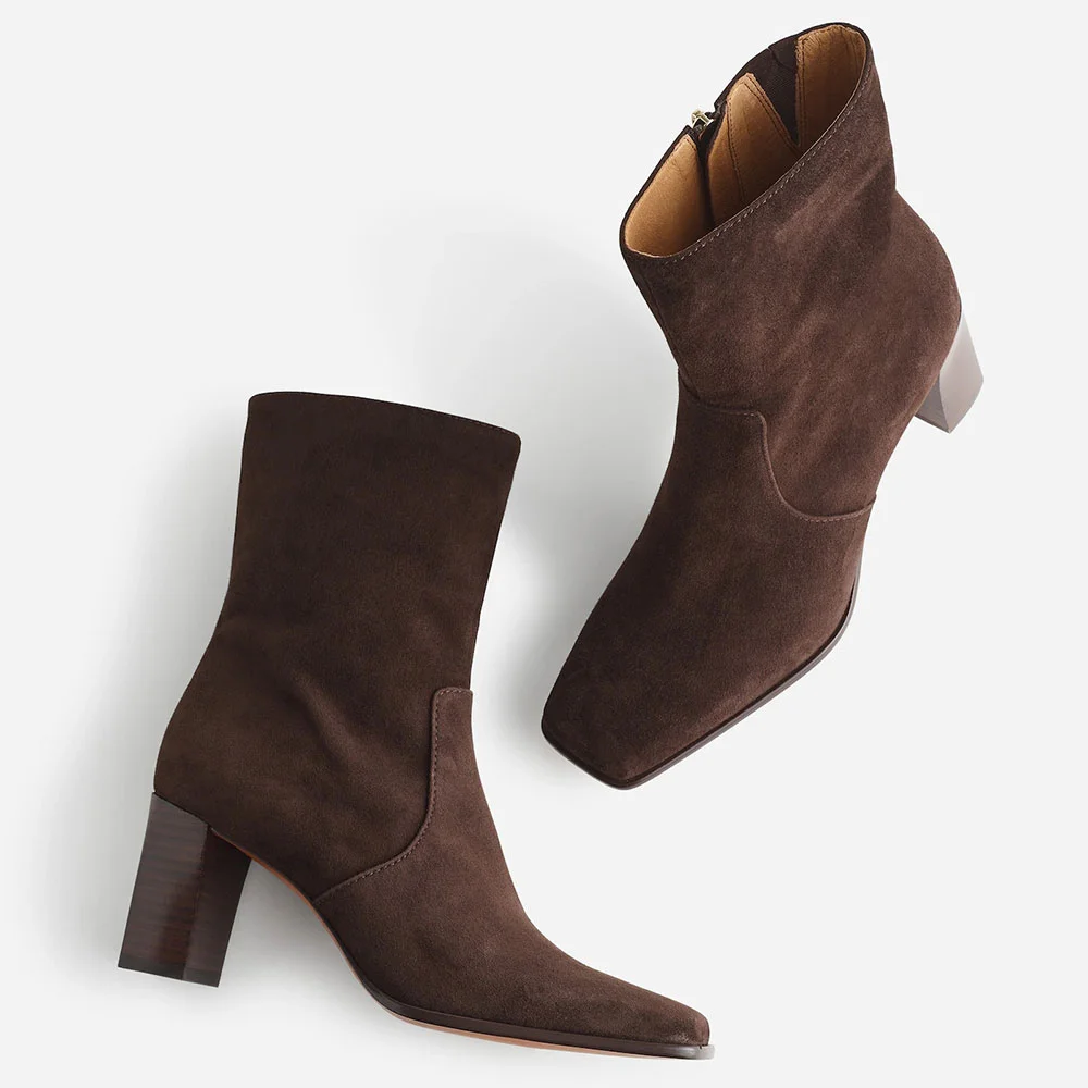 Brown Pull-On Chunky Heel Ankle Boots for Women with Square Toe