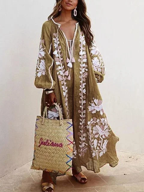 Brownm Autumn Collar Long Sleeve Printed Dresses