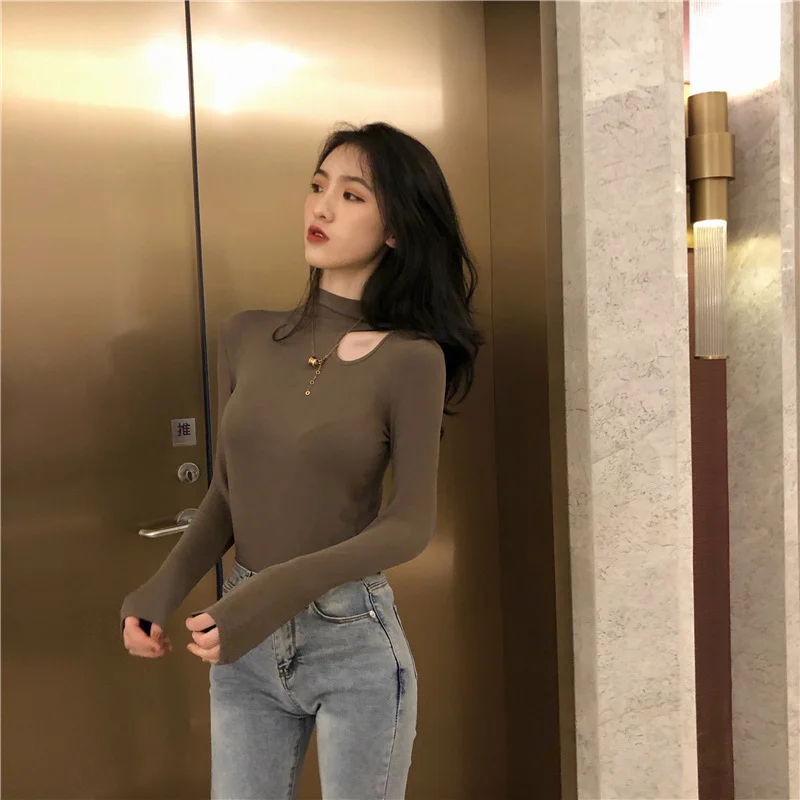 Brownm Brownm Half High Collar Bottom Shirt Female Autumn Winter Foreign Style Inside The Slim Careful Machine Jacket Dew Collarbone Long Sleeve T-Shirt