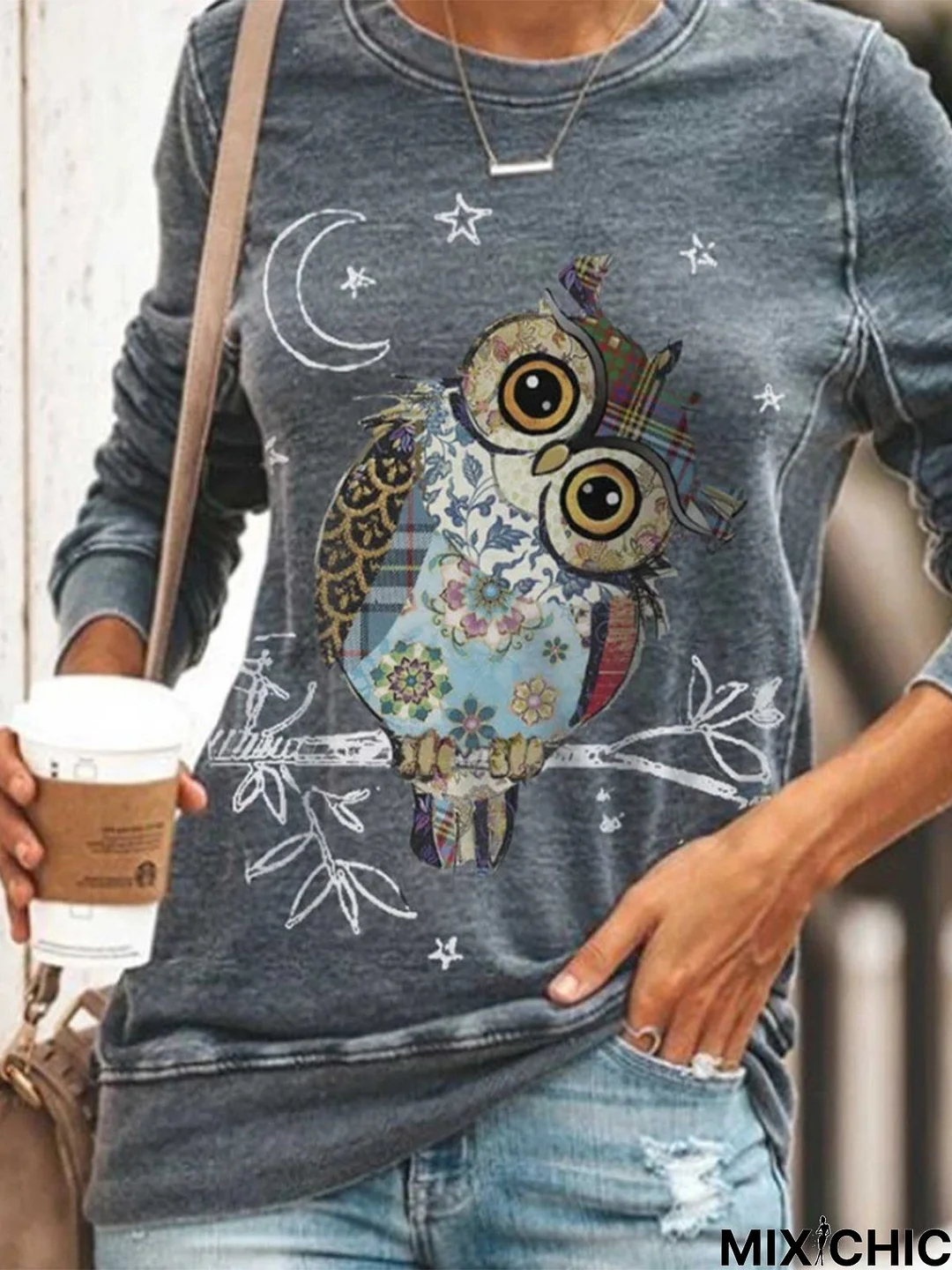 Vintage Owl Star Moon Printed Plus Size Long Sleeve Crew Neck Casual Tops