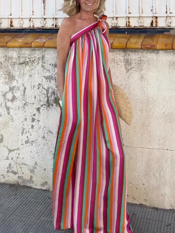 Asymmetric Multi-Colored Striped Loose Sleeveless One-Shoulder Maxi Dresses