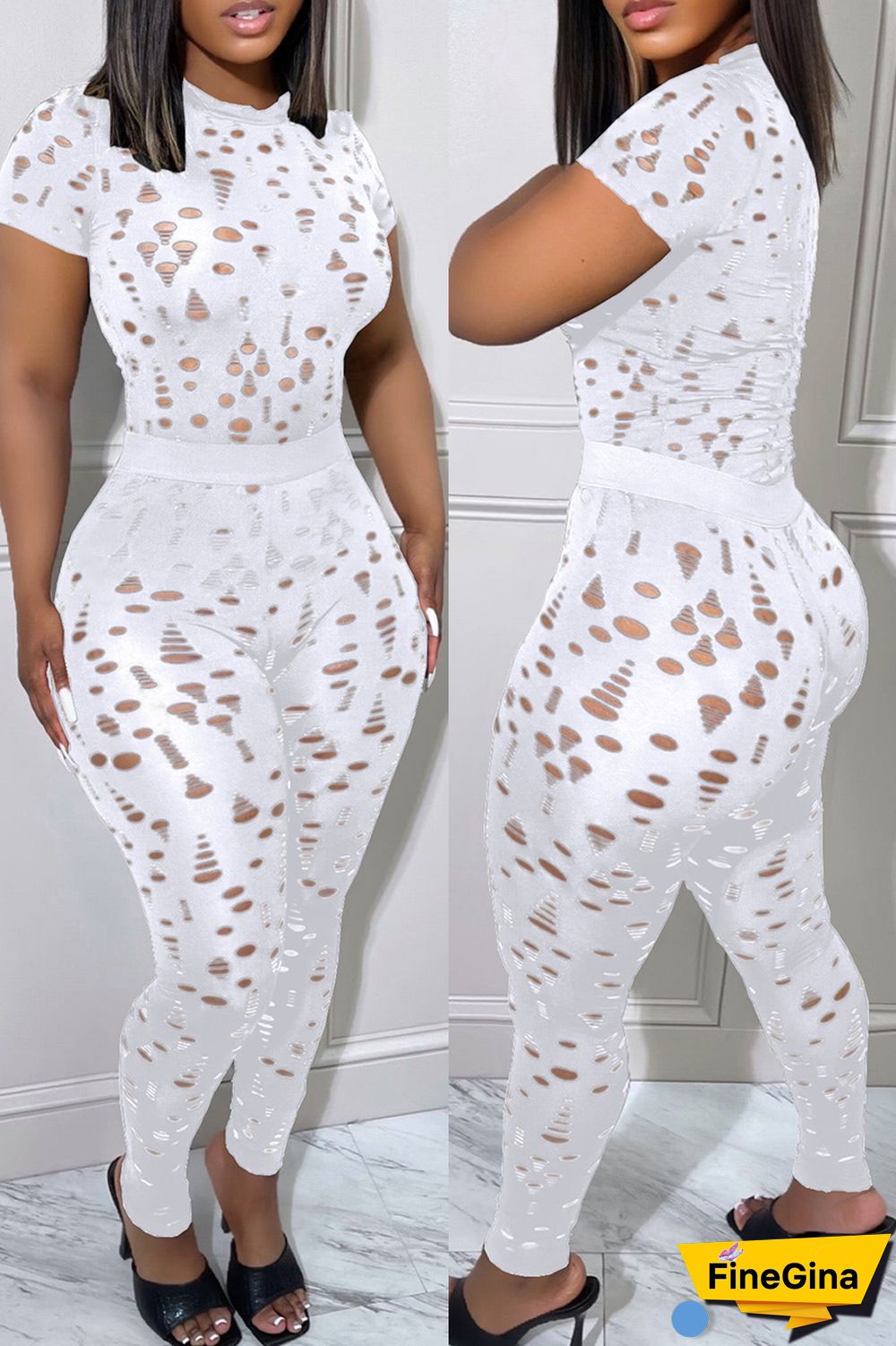 Black Sexy Solid Ripped Hollowed Out O Neck Short Sleeve Two Pieces