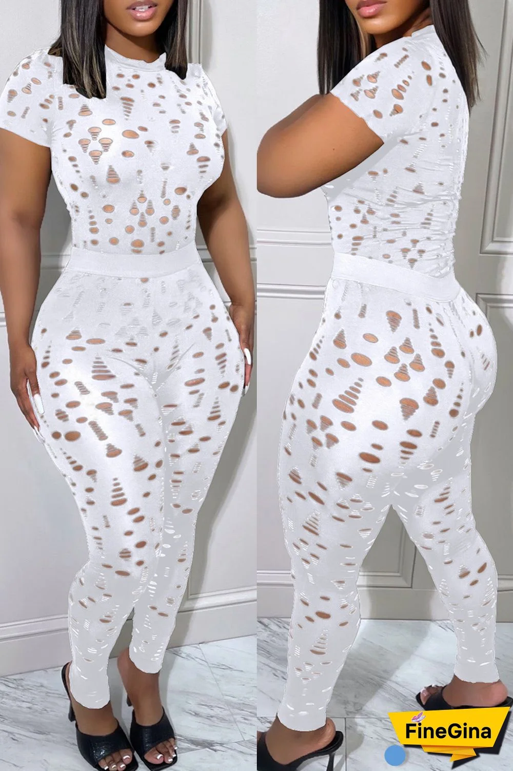 Black Sexy Solid Ripped Hollowed Out O Neck Short Sleeve Two Pieces