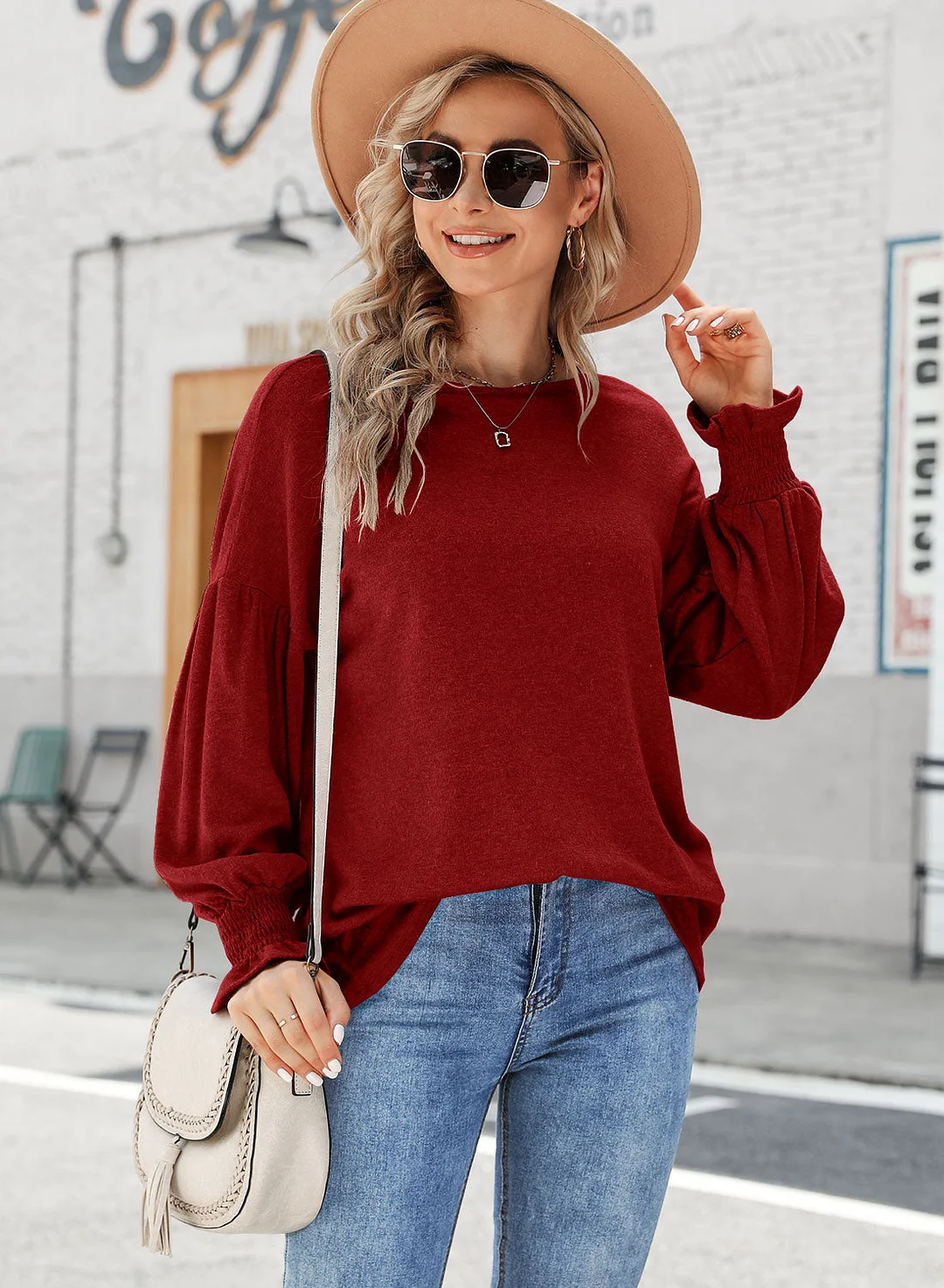 MIHOLL Womens Long Sleeve Top Crew Neck Ruffle Lantern Sleeve Casual Loose Blouse T Shirts