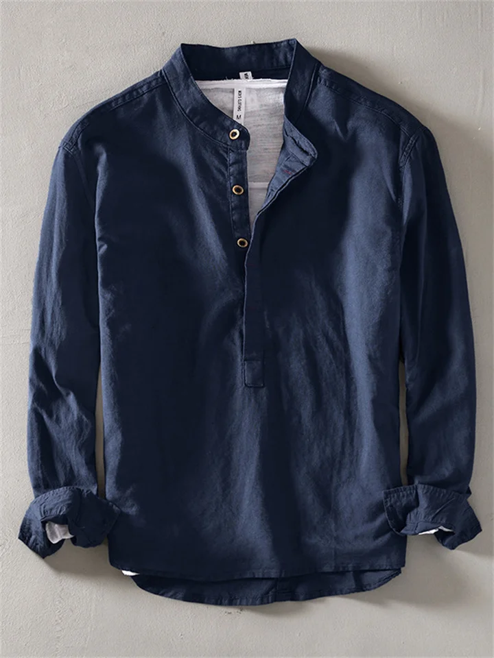 Cotton Linen Tops Men's Casual Shirt Slim Solid Color Collar Pullover Cotton Linen Shirt-JRSEE