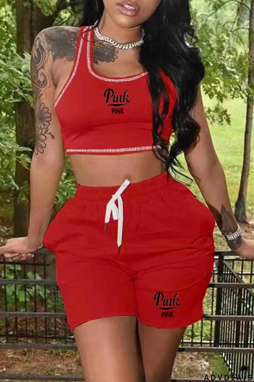 Blue Casual Print Letter U Neck Sleeveless Two Pieces