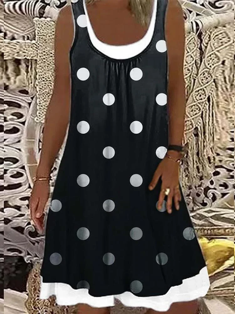 Women's Sleeveless Scoop Neck Polka Dots Printed Fake 2-Piece Mini Dress