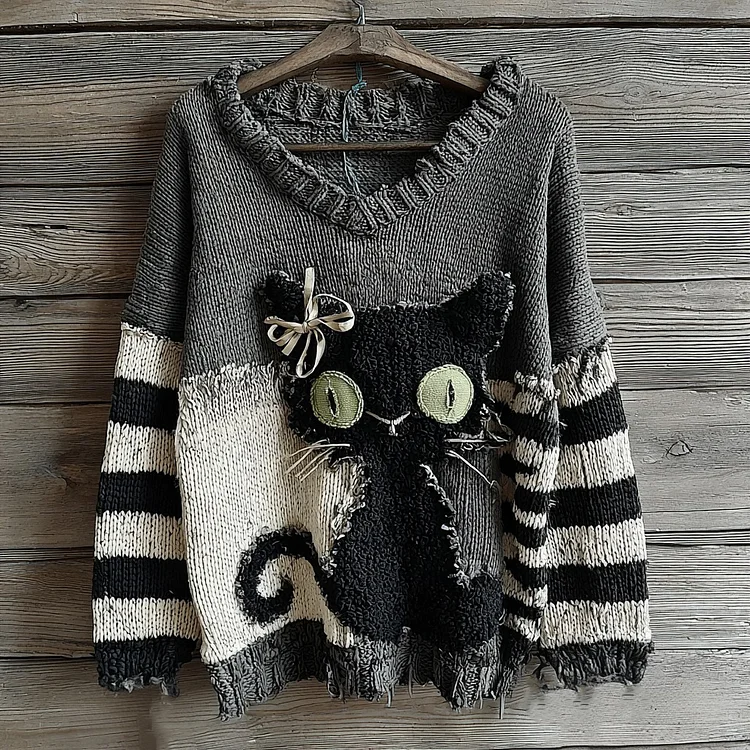 Halloween Black Cat Striped Patchwork Knitted V-neck Sweater