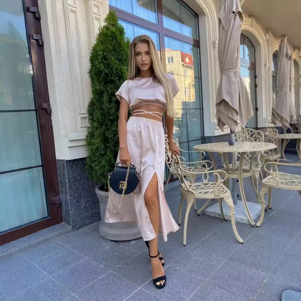 Nigikala Nigikala New Short-Sleeved Top Open Skirt Set Solid Color Commute Two Sets