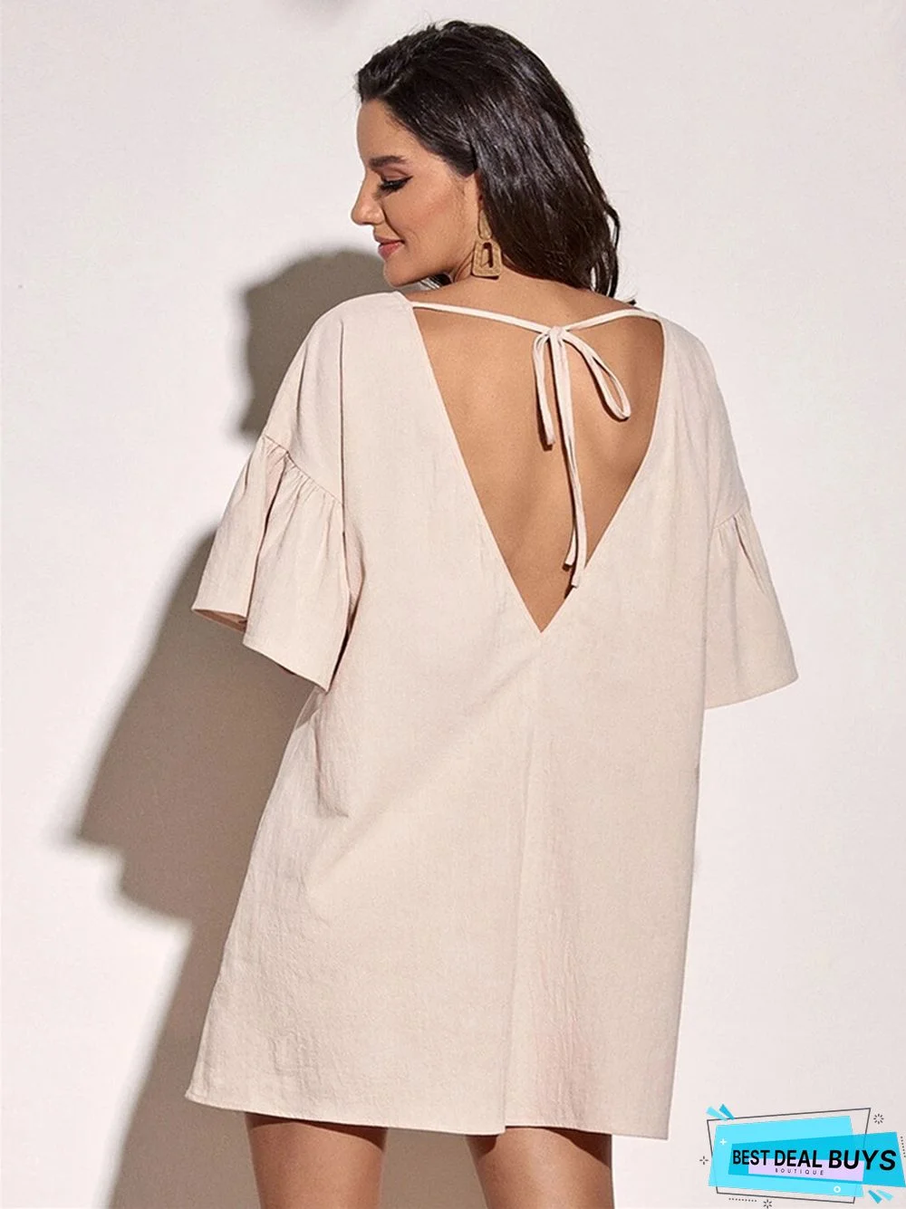 Women's Holiday Style Loose Casual Baby Shirt Short Skirt V-Neck Cotton Dress Black Dresses