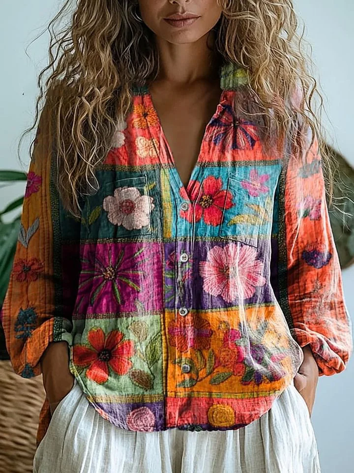 Women's Color Block Floral Pattern Casual Long Sleeve Comfortable Cotton Shirt