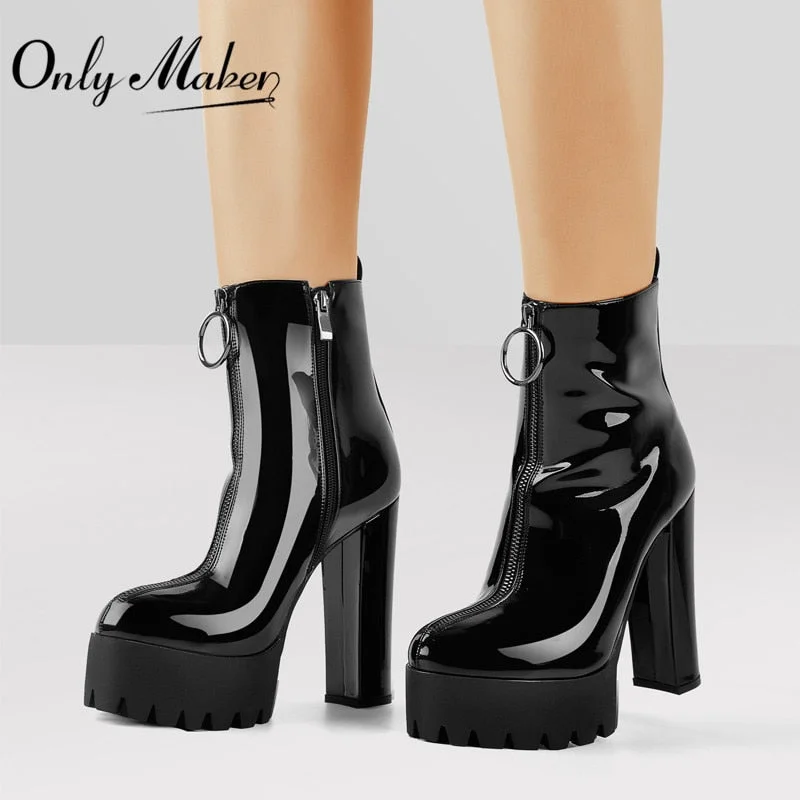 Onlymaker Patent Leather Ankle Boots Platform Thick High Heel Zipper For Women Plus Size us5~us15 For Ladies Black Booties