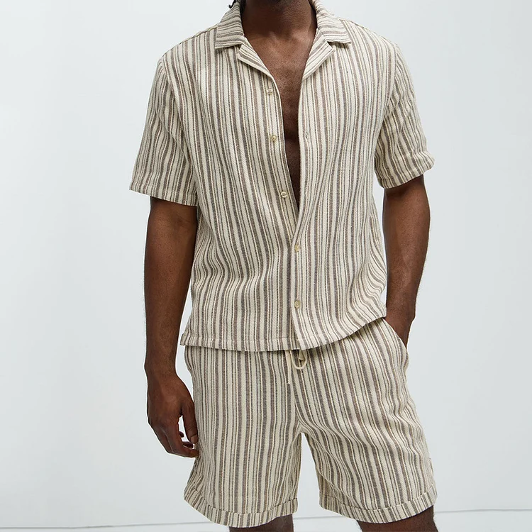 Greeceaw 2025 Summer Beach Clothes Men 2 Piece Set Casual Fashion Stripe Short sleeved Polo Neck Shirt & Shorts Men's Two Piece Set