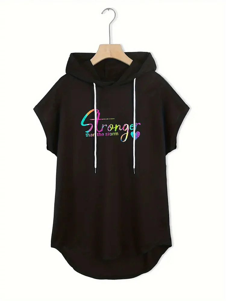 Women's Casual Black Hooded Sweatshirt - Colorful Letter Print, Fashionable And Simple Top, Spring And Summer Style, Adjustable Drawstring Hat, Bat Sleeves, Hooded Neckline, Opaque Fabric, Comfortable And Soft