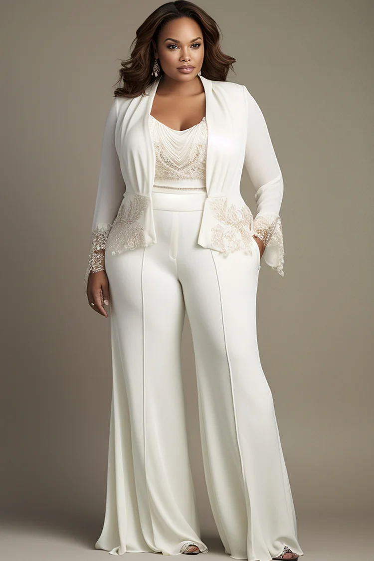 Xpluswear Design Plus Size Mother Of The Bride White Long Sleeve Embroidery Pocket Cotton Three Piece Pant Sets