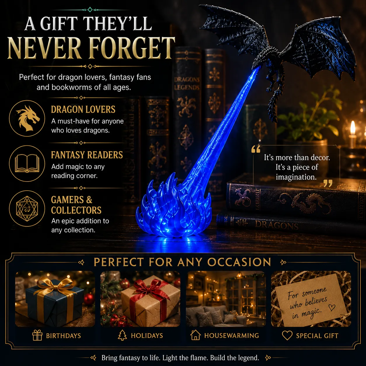 Dragon display light gift for fantasy fans gamers readers and collectors