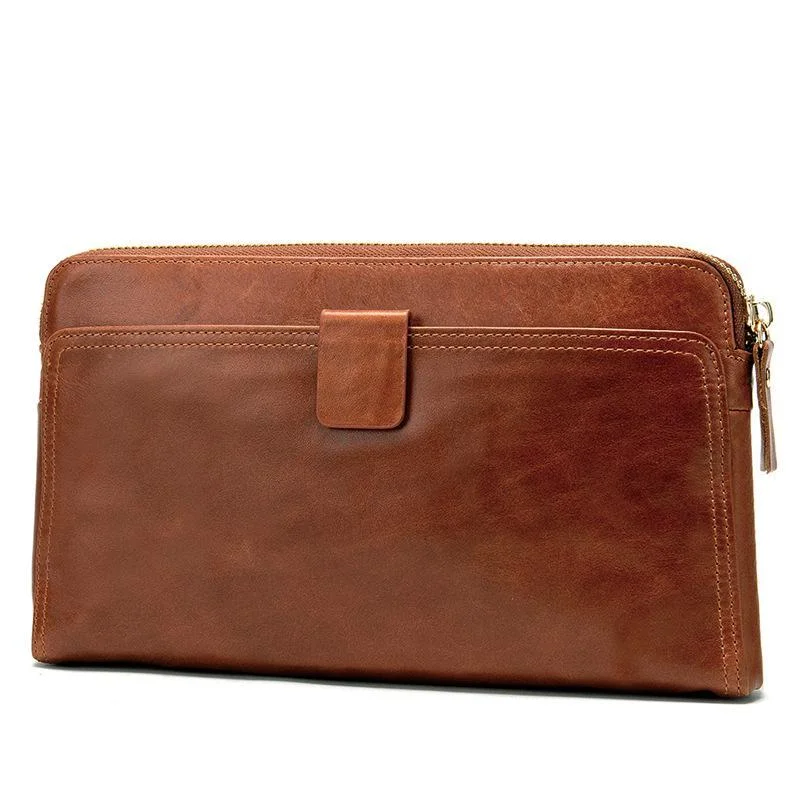 Mens Business Plain Leather Zipper Clutch Bags