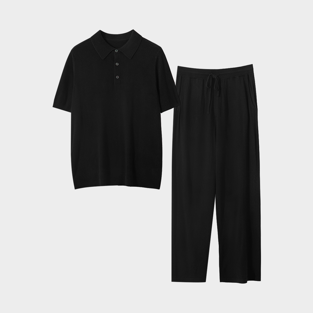 Men's Black Cashmere Knitted Polo Shirt and Pants Set | Casual Outfit REAL SILK LIFE