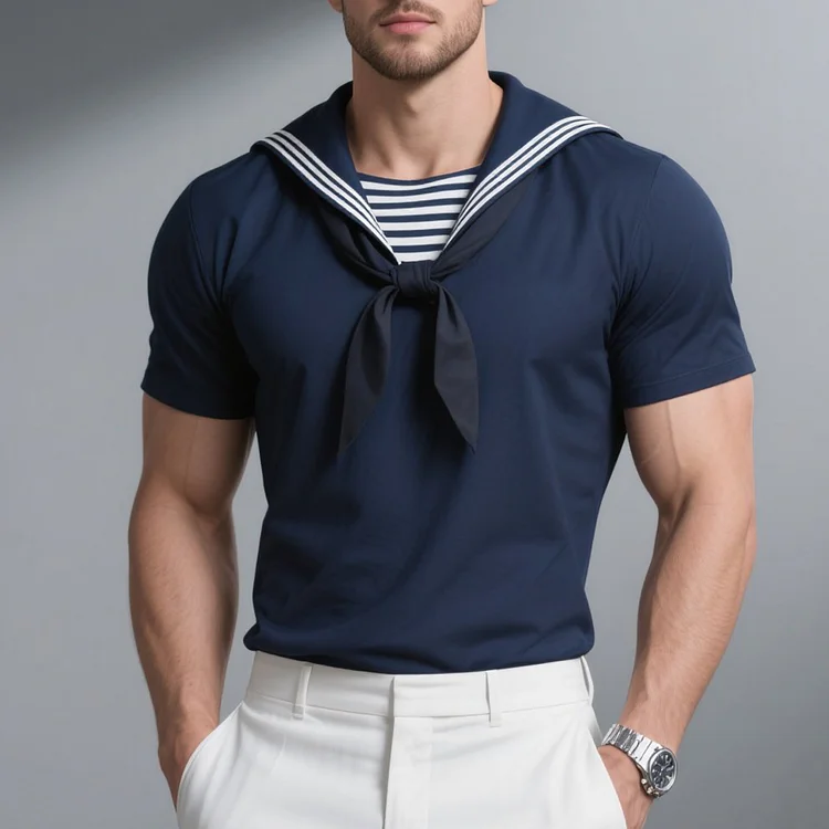 Okaywear Sailor Collar White Stripes Bow Short Sleeve Shirt 