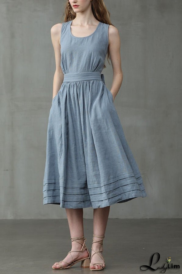 Cross Back O Neck Maxi Linen Dress