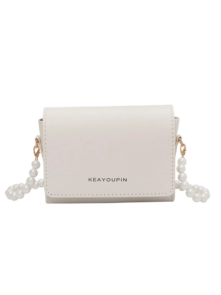 Retro Women PU Pure Color Shoulder Bag Casual Ladies Pearl Handbag (White)