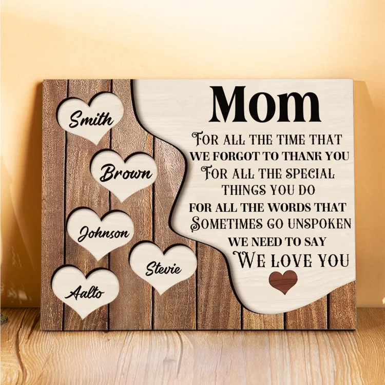 5 Names - Personalized Mom Wooden Plaque Custom Names Home Decoration Hearts Gift for Mother