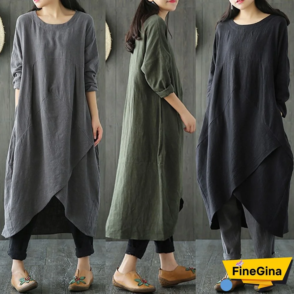 Spring New Women Crew Neck Long Sleeve Asymmetric Hem Cotton Linen Loose Long Dress With Pockets