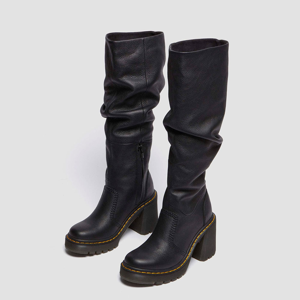 Black Round Toe Half Zipper Chunky Heel Knee High Slouch Boots Nicepairs