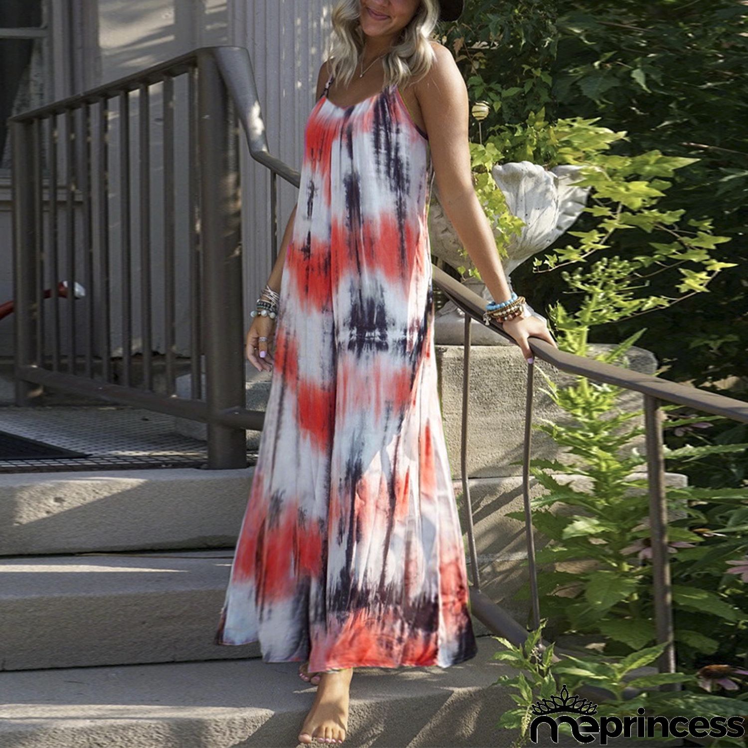 Women Casual Summer Vacation Tie Dye Print Loose Maxi Dress