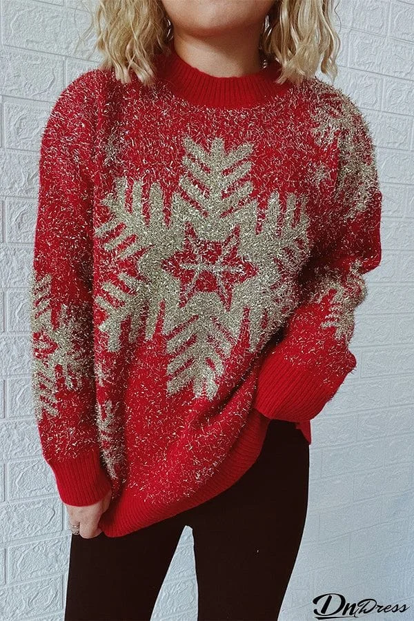 Christmas Pattern Knitted Crew Neck Long Sleeved Sweater