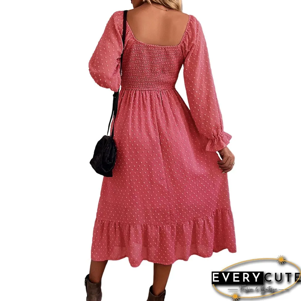 Watermelon Red Square Neck Pleated Swiss Dot Long Sleeve Dress