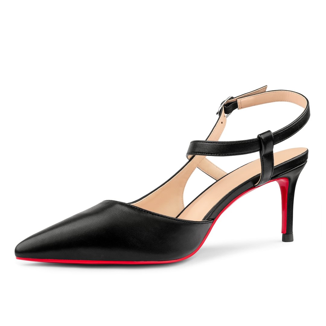 65mm Women Slingback Pumps Ankle Strap Red Bottom Stiletto Mid Heel Close Pointed Toe Summer Soles Sandals-MERUMOTE