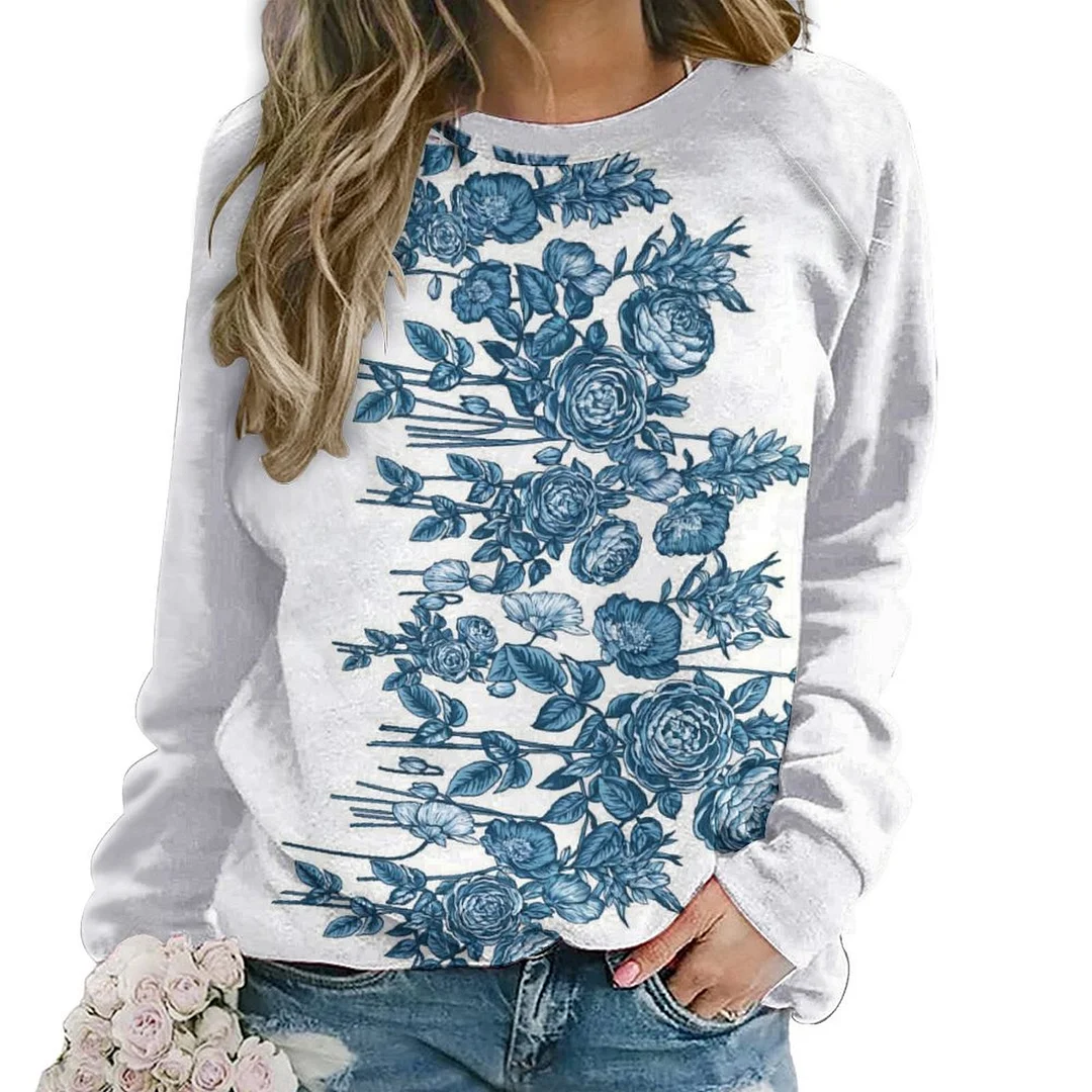 Printed Long Sleeve Casual Sweatshirt for  Women and Men Unisex Pattern Floral, Blue