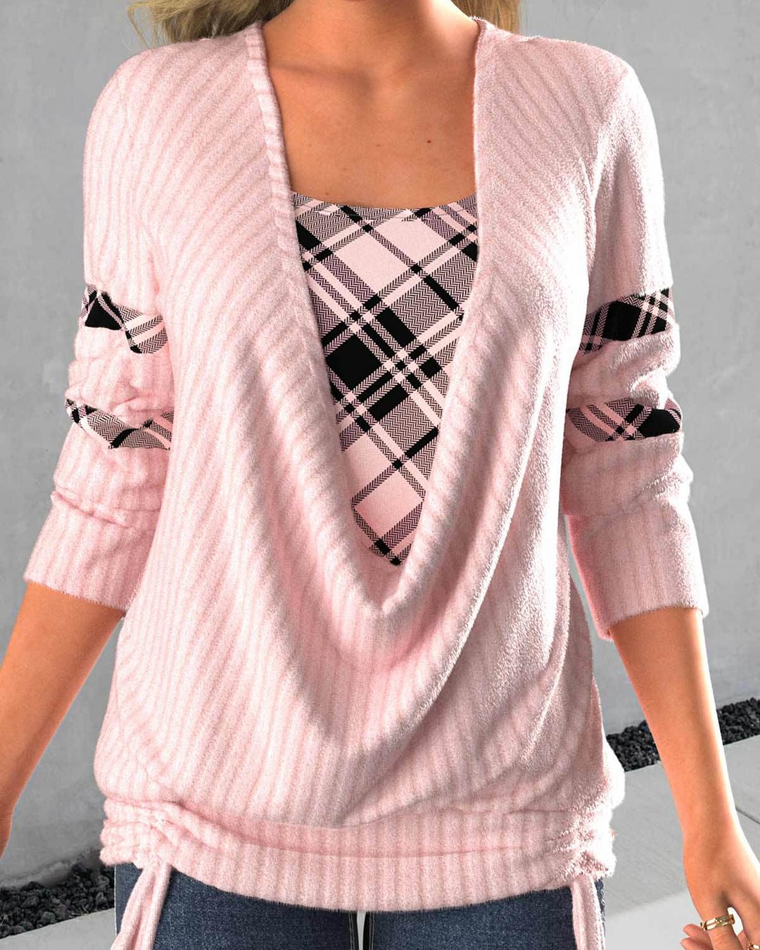 Plaid Solid Color Long-Sleeved Swing Collar Loose Fake Two-Piece top