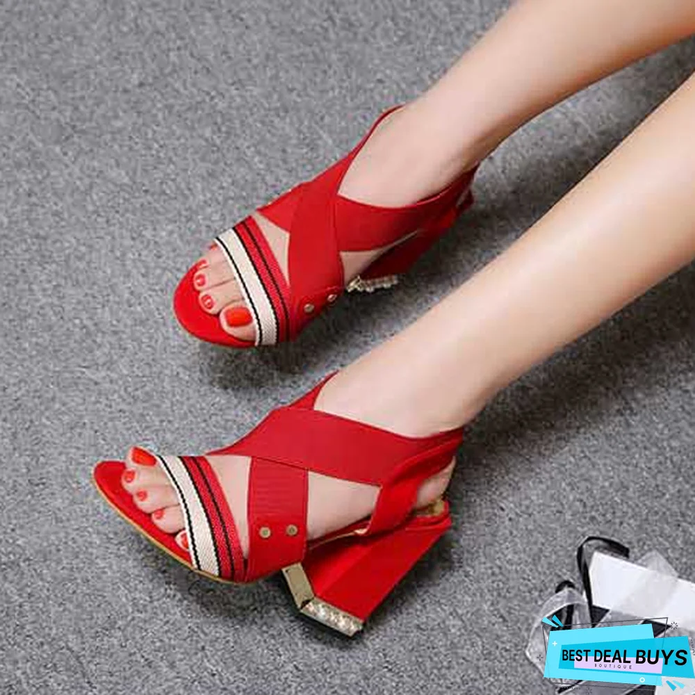 Women Open Toe Flock Sandals Square Heel Pumps Sandals