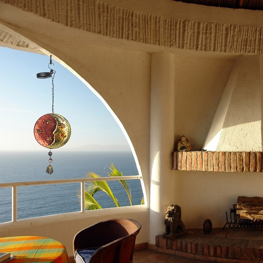 

Metal Wind Chimes Art Wind Bell Solar LED Lights Hanging Sun Moon Pendant, 501 Original