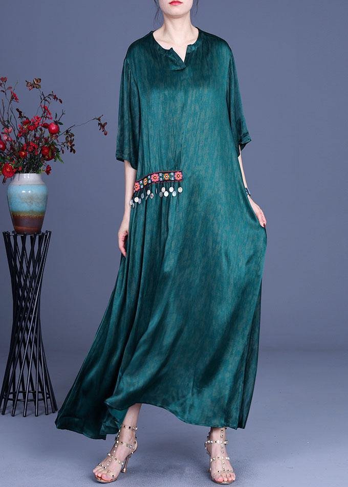 Plus Size Green Embroidery Summer Silk Long Dress