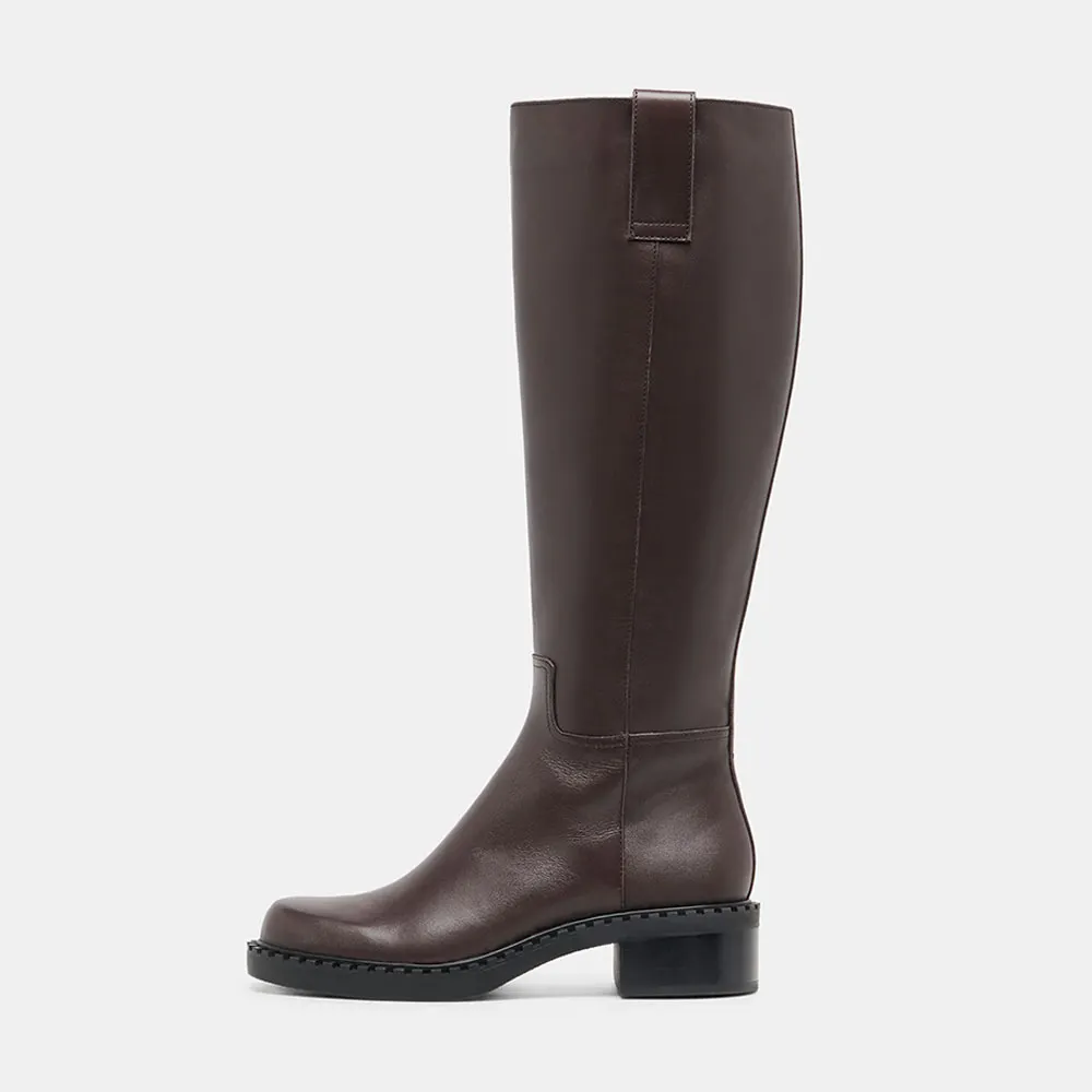 Women's Classic Brown Round Toe Low Block Heel Zipper Tall Boots